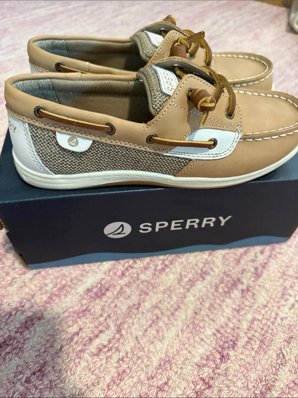 Sperry Kids Tan and White Deck Shoes with Brown Laces